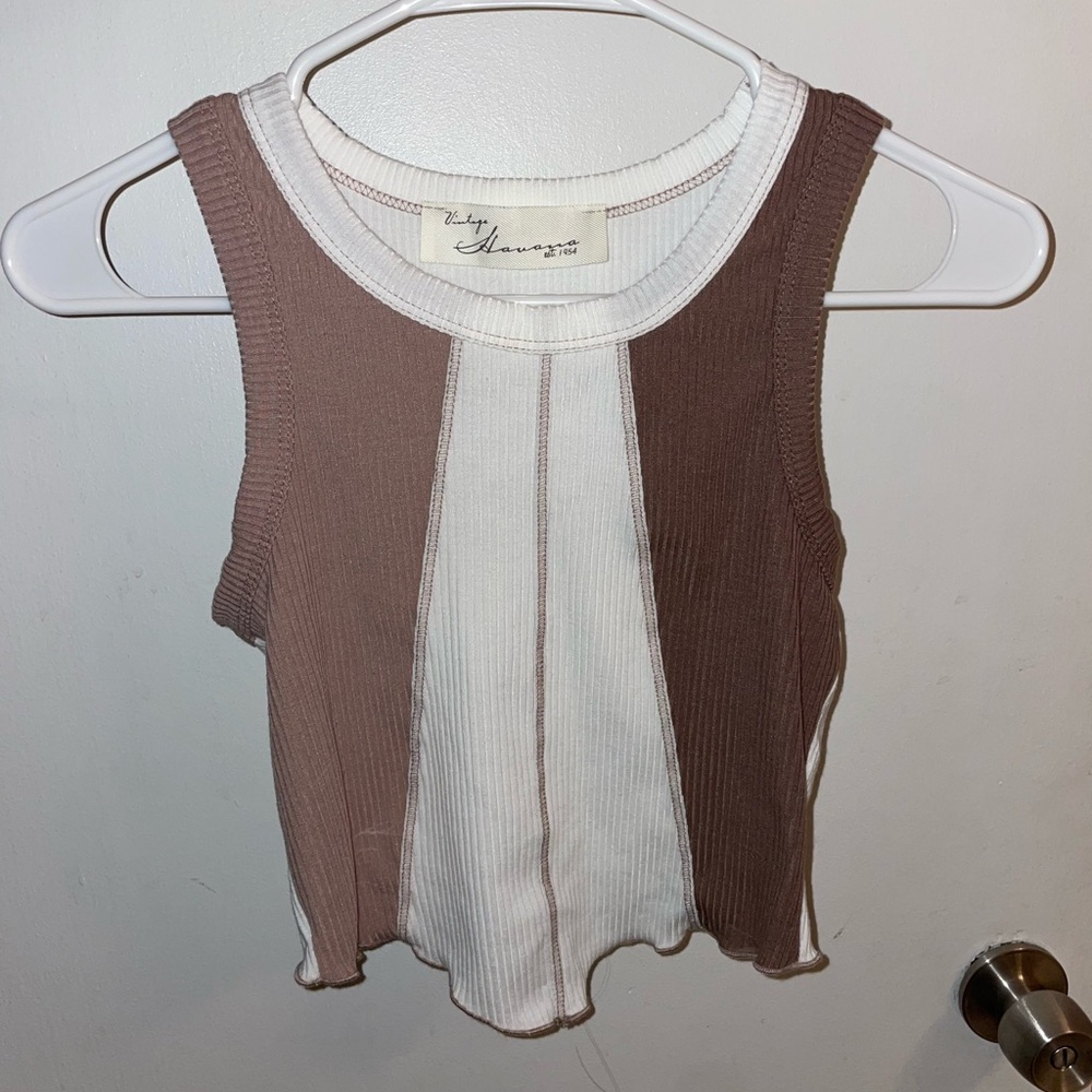 Urban Outfitters Brown and White Asymmetrical Crop Tank Top